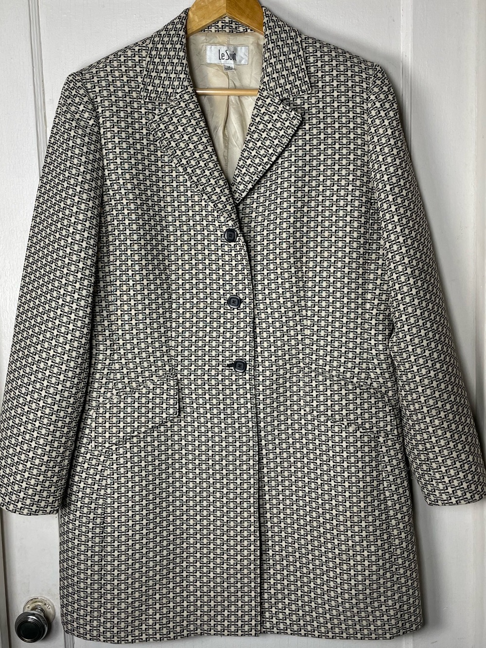 Le Suit Geometric Longline Blazer 14 Black Cream Shoulder Pads Career Mob Wife